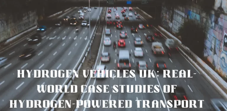 An aerial view of a busy multi-lane UK motorway with traffic, overlaid with text about hydrogen vehicle case studies.