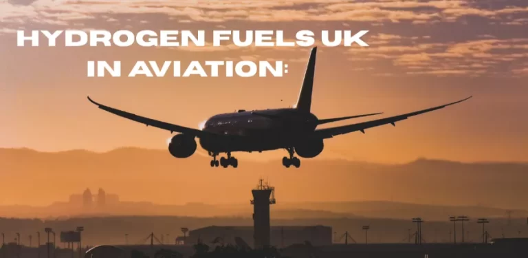 Silhouette of a commercial airplane approaching for landing at sunset with an orange sky, with a small aircraft marshaller or ground crew member visible below. Text overlay reads 'GEN FUELS UK AVIATION' in white letters."