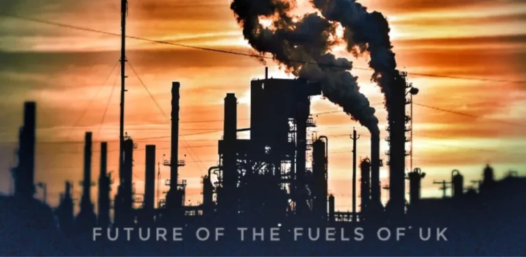 Industrial fuel production facility with smokestacks representing the future of fuels