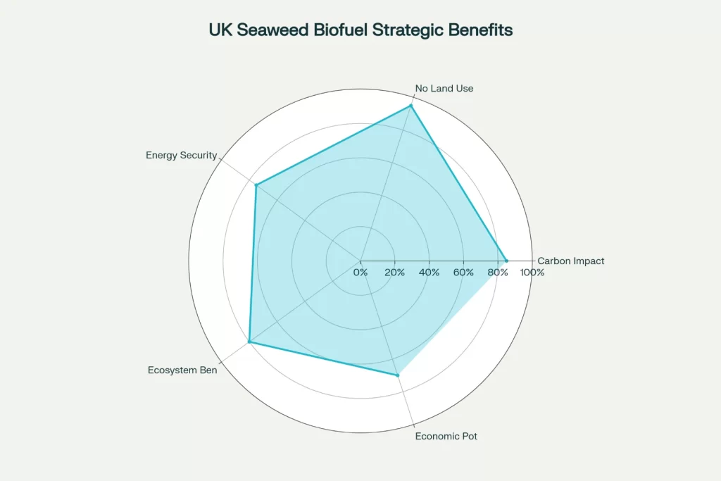 Radar chart illustrating the strategic benefits of UK seaweed biofuels across five key categories
